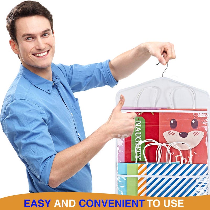 ProPik Hanging Double Sided Gift Bag Storage Organizer with Multiple Front and Back Pockets - Organize Your Gift Wrap, Tissue Paper, and Paper Bags 38 x 16 Inch PVC (White) - Image 5